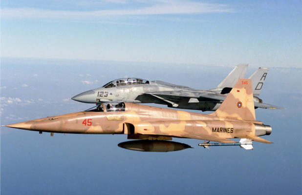 Un F-5E devant un F-14 de l'US Navy